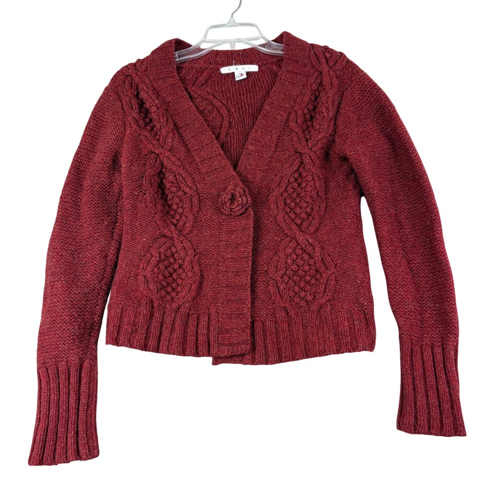 Cabi M Burgundy Lambswool Cardigan Cable Popcorn Knit Flower Button Sweater Cozy